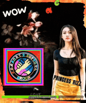 a woman in a black shirt and yellow skirt is standing in front of a support 2 support group logo