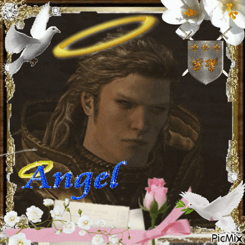 a picture of a man with a halo and the word angel on it