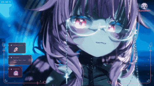 a computer screen shows a girl with purple hair and glasses and a time of 27.46