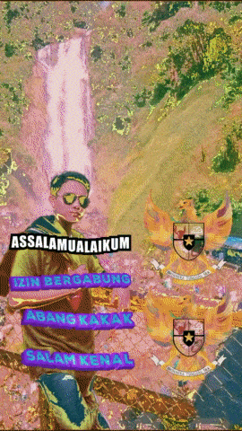 a man standing in front of a waterfall with a sign that says assalamualaikum on it
