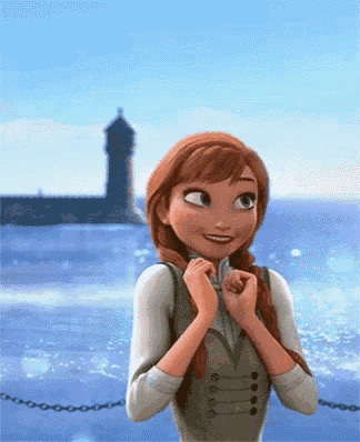 anna from frozen is smiling in front of a body of water