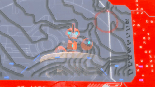 a robot is sitting in front of a screen that says ' a '