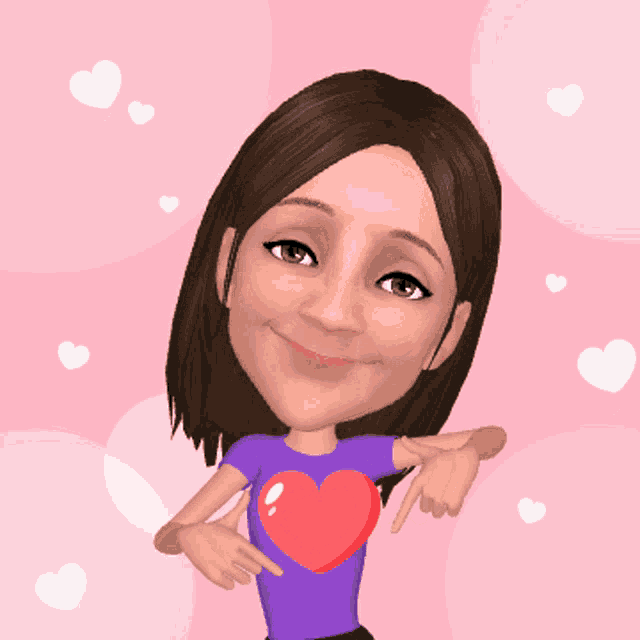 a girl in a purple shirt with a red heart on her chest