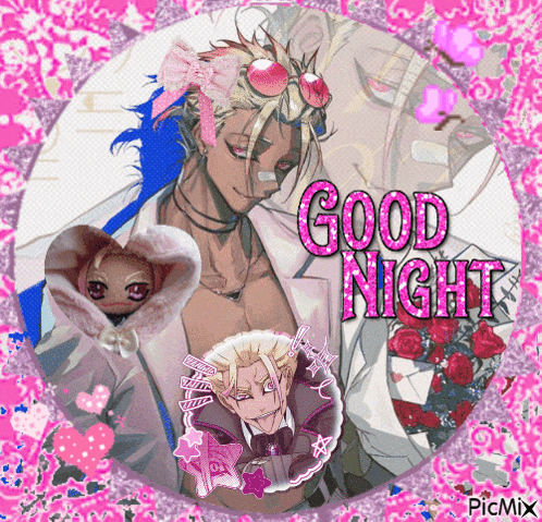 a picture of a man with the words good night written in pink
