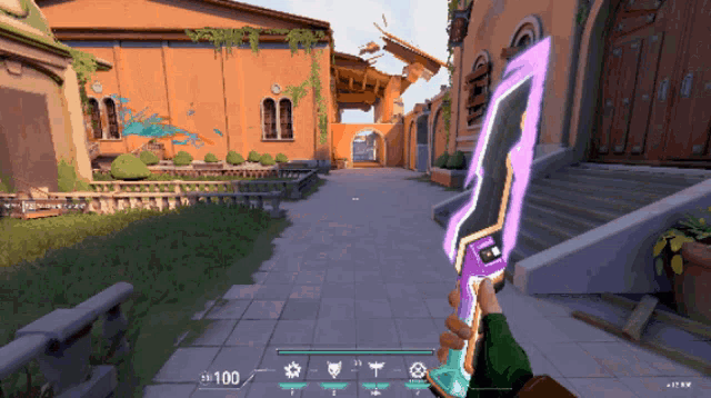 a person holding a purple sword in front of a building with the number 100 on the bottom