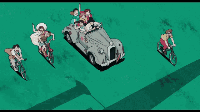 a cartoon of a group of people in a car with the music director isao takaha