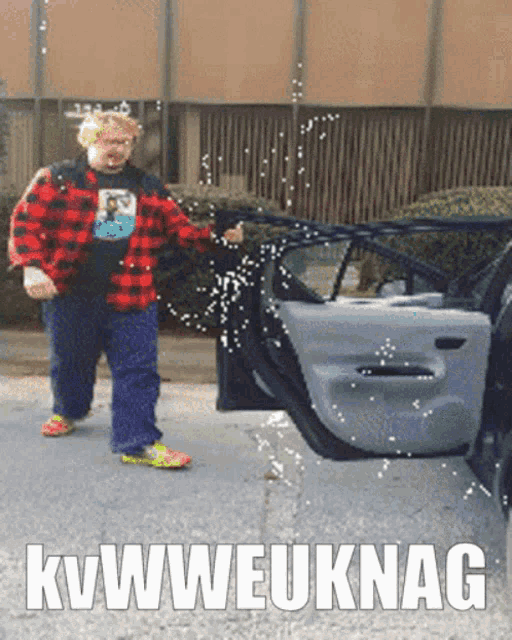 a man in a red and black plaid shirt is getting out of a car with the words kvwweuknag on the bottom