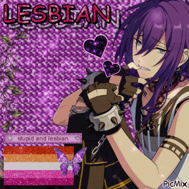 a picture of a girl with purple hair and the words lesbian in red
