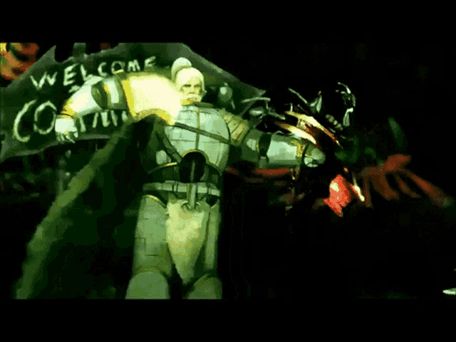 a man in armor is standing in front of a sign that says welcome to commer
