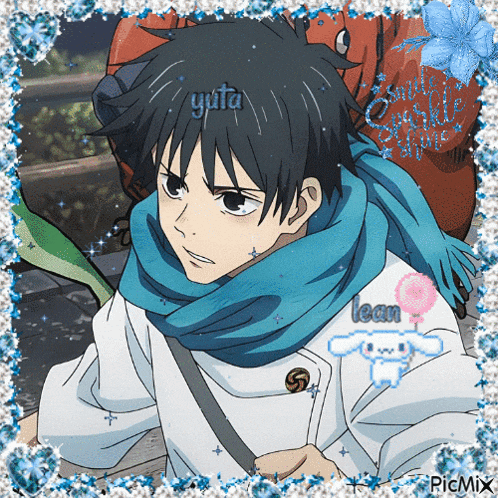 a picture of a boy with a scarf around his neck has the name yuta on it