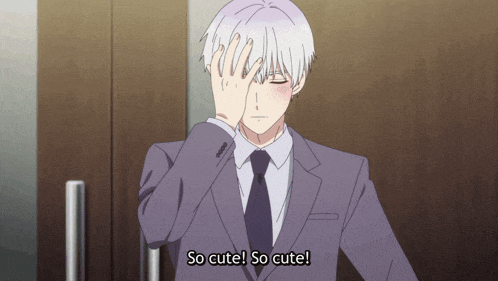 a man in a suit covering his face with his hand and the words so cute so cute below him