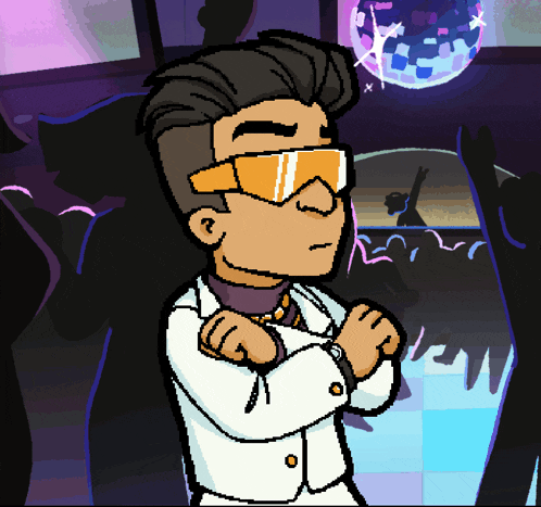 a pixel art drawing of a man in a white suit