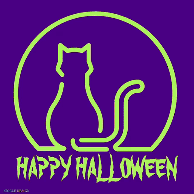 a green cat in a circle with the words happy halloween below it