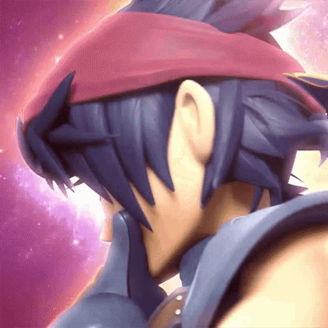 a close up of a person 's head with a red headband on