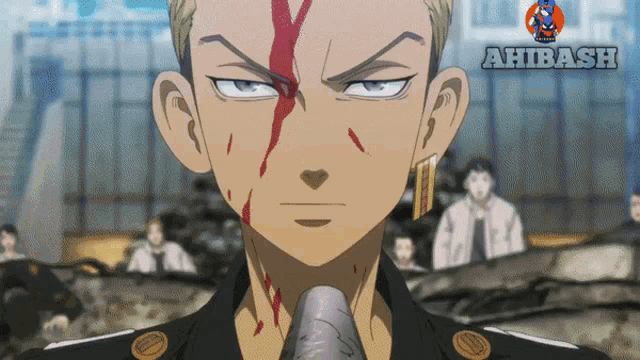 a close up of a man 's face with blood on it and the word ahibasu behind him