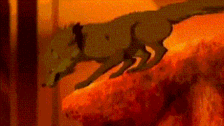 a cartoon of a wolf jumping over a rock .