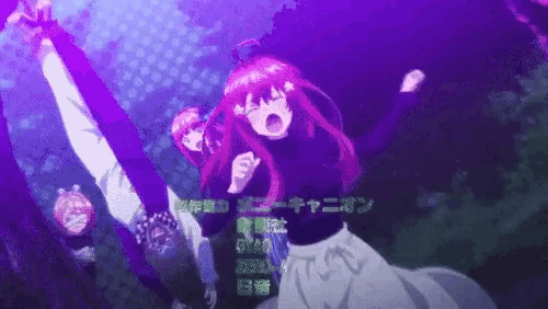 a group of anime characters are dancing in a dark room with a purple background .