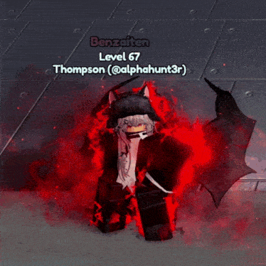 a screenshot of a video game character with the name benzaitten level 67 thompson @ alphahunt3r