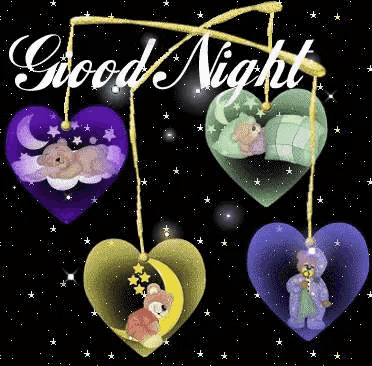 a good night greeting card with hearts and teddy bears hanging from a rope .