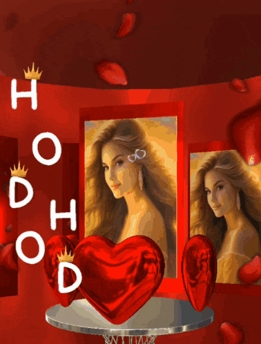 a picture of a woman surrounded by red hearts with the letter h on the bottom
