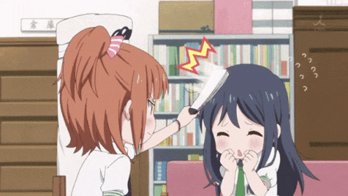 a girl brushing another girl 's hair with a red lightning bolt on her head