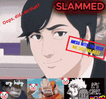 a picture of a man with the words slammed on top of him