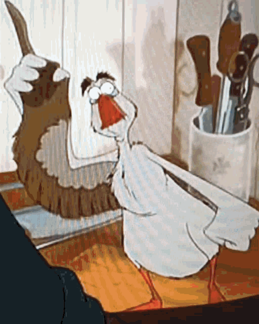 a cartoon of a turkey sitting on a table next to a container of knives