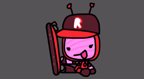 a cartoon drawing of an ant wearing a red hat with a white letter r on it