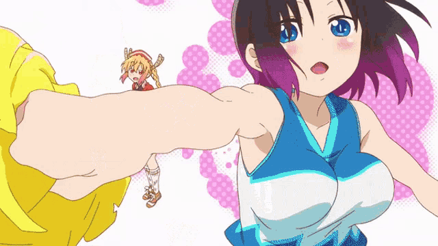 a girl with purple hair and blue eyes is giving a fist bump