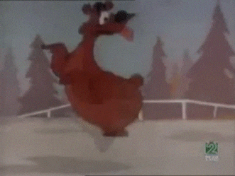 a cartoon reindeer is standing on a snowy field .