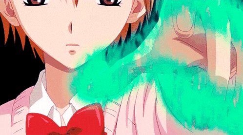 a girl with red hair and a red bow tie is holding a green object