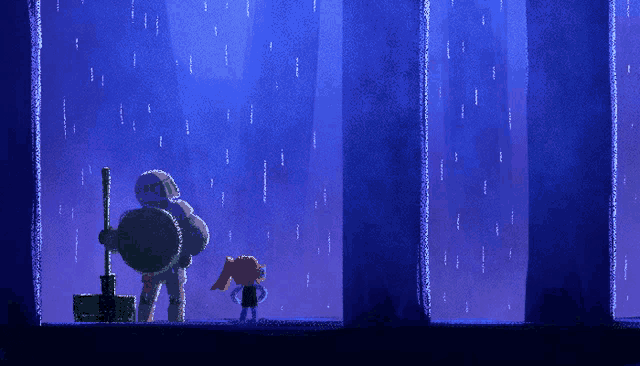 a pixel art drawing of a man and a girl standing in the rain