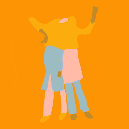 a drawing of two people hugging each other on a orange background