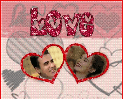 a picture of a man and a woman in hearts with the word love in the background