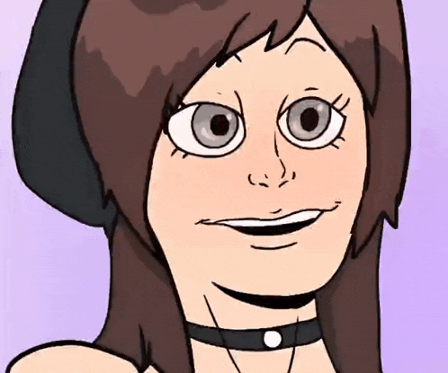 a cartoon girl wearing a choker and a hat is smiling and making a funny face .