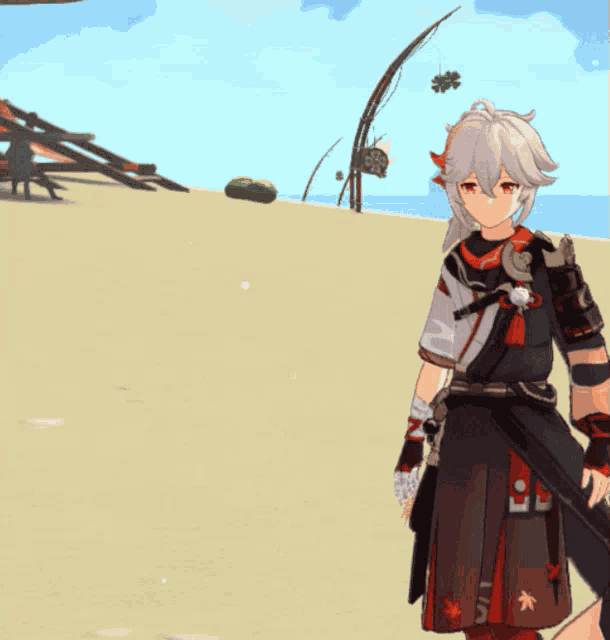 a cartoon character is standing on a sandy beach
