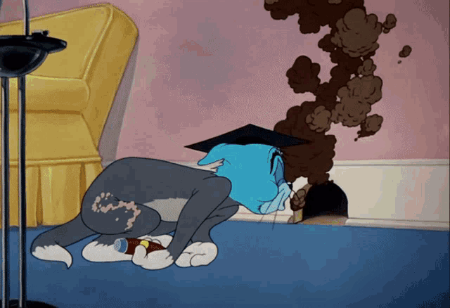 a cartoon of tom and jerry with smoke coming out of a fireplace