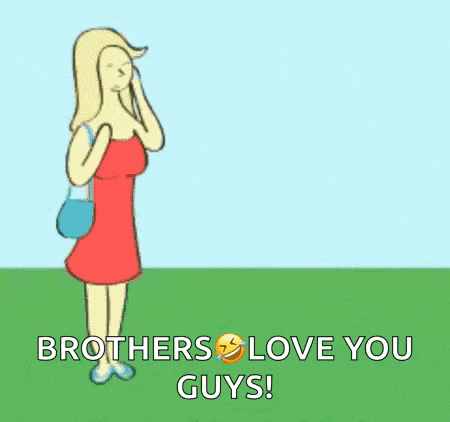 a cartoon of a man standing next to a woman with the words " brothers love you guys "