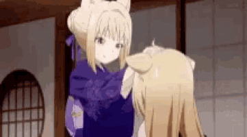 two anime girls are standing next to each other in a room . one of the girls is wearing a kimono .