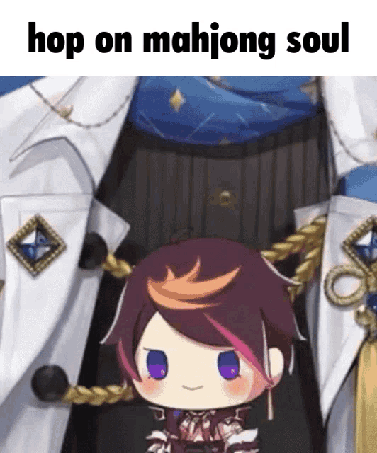 a cartoon character with the words hop on mahjong soul above him