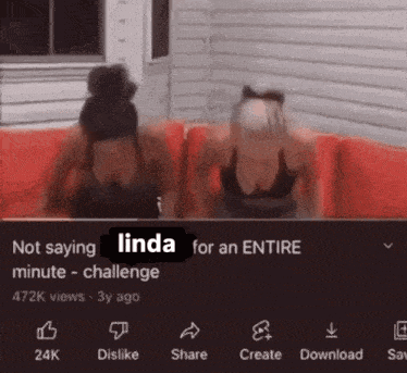 two women are sitting on a red couch with the words linda for an entire minute challenge at the top