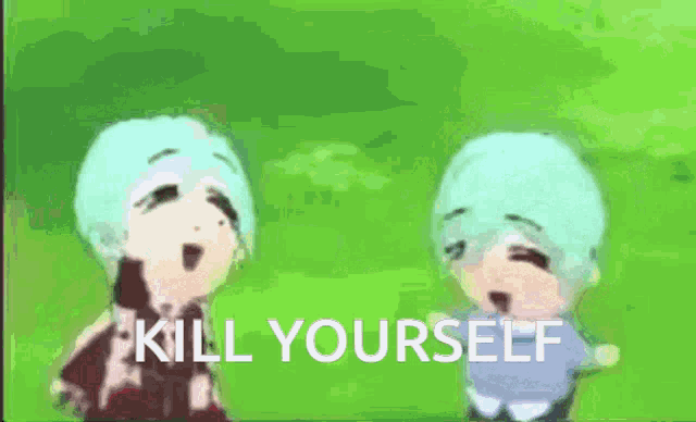 two anime characters are standing next to each other with the words `` kill yourself '' written on the screen .