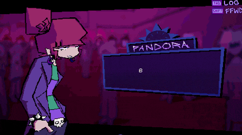 a cartoon character in front of a sign that says pandora