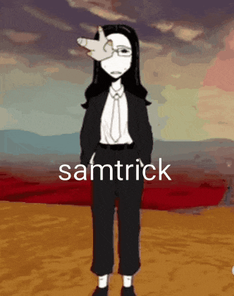 a cartoon character in a suit and tie is standing in the desert with a hand on her face .