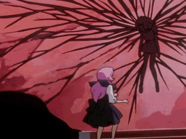 a girl with pink hair is standing in front of a pink background
