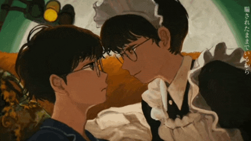 a drawing of a man in a maid outfit kissing another man on the cheek