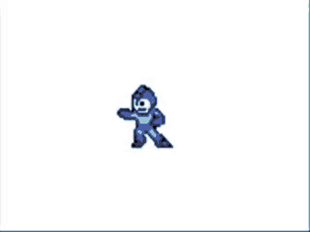 a pixel art drawing of a blue robot standing on a white background