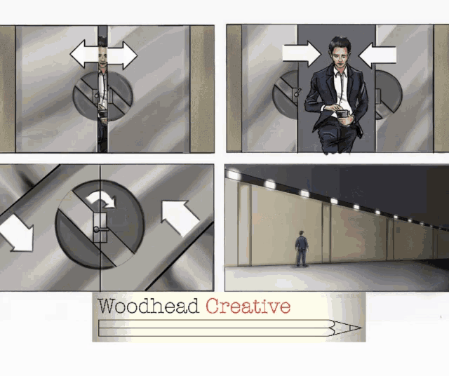 a drawing of a man in a suit and the words woodhead creative