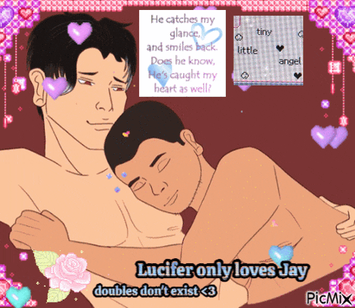 a picture of two men hugging each other with the caption " lucifer only loves jay doubles don 't exist < 3 "