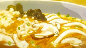 a cartoon drawing of a bowl of soup with noodles and rice